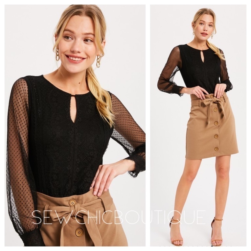 Beautiful Black Bodysuit with Sheer Sleeves